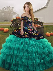 Sleeveless Organza Floor Length Lace Up Sweet 16 Dress in Turquoise with Embroidery and Ruffled Layers