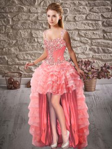 Watermelon Red Straps Neckline Beading and Ruffled Layers Homecoming Dress Sleeveless Lace Up
