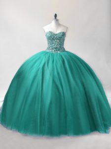 Turquoise Lace Up Sweetheart Beading Ball Gown Prom Dress Tulle Sleeveless