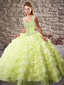 Pretty Sleeveless Court Train Beading and Ruffled Layers Lace Up Ball Gown Prom Dress
