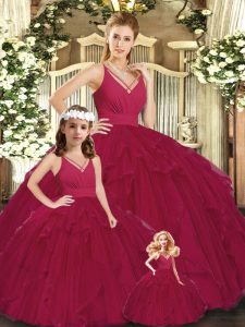 Adorable Floor Length Burgundy Quinceanera Dresses V-neck Sleeveless Lace Up