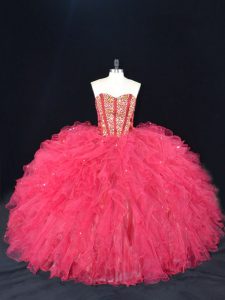 High End Coral Red Quinceanera Dress Tulle Sleeveless Beading and Ruffles