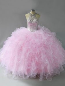 Modest Pink Tulle Lace Up Halter Top Sleeveless Floor Length Sweet 16 Dress Beading and Ruffles