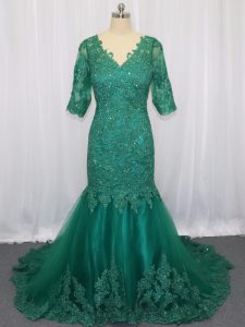 Green V-neck Neckline Lace and Appliques Evening Dress Half Sleeves Lace Up