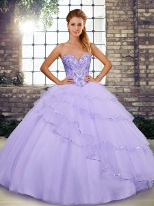 Lavender Ball Gowns Sweetheart Sleeveless Tulle Brush Train Lace Up Beading and Ruffled Layers Quinceanera Gown