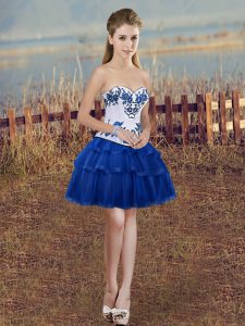 Royal Blue Sleeveless Mini Length Embroidery and Ruffled Layers Lace Up