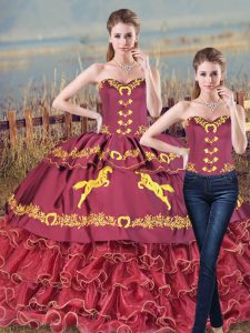 Customized Burgundy Two Pieces Satin and Organza Sweetheart Sleeveless Embroidery and Ruffles Lace Up Quinceanera Dress Brush Train