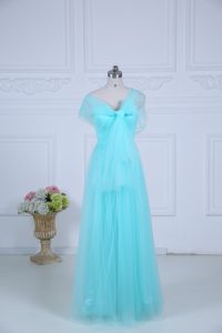 Aqua Blue Tulle Zipper Quinceanera Court of Honor Dress Sleeveless Floor Length Ruching
