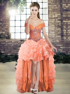 Fantastic Orange A-line Organza Off The Shoulder Sleeveless Beading and Ruffled Layers High Low Lace Up Evening Party Dresses