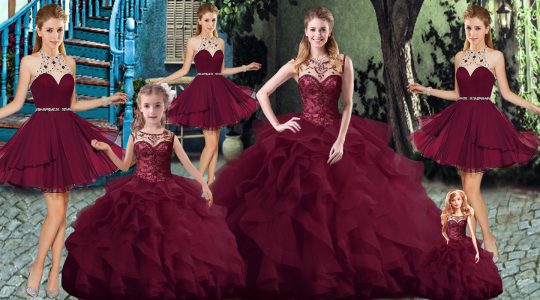 Classical Burgundy Sleeveless Tulle Brush Train Lace Up Quinceanera Dress for Military Ball and Sweet 16 and Quinceanera