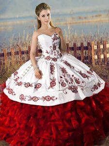 Excellent Floor Length Lace Up Vestidos de Quinceanera White And Red for Sweet 16 and Quinceanera with Embroidery and Ruffles