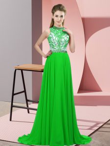 New Arrival Brush Train Empire Prom Gown Green Halter Top Chiffon Sleeveless Backless