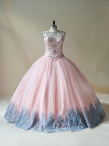 Pink Sleeveless Floor Length Beading and Appliques Lace Up Sweet 16 Quinceanera Dress