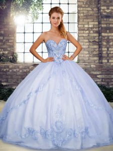 Fantastic Sweetheart Sleeveless Sweet 16 Quinceanera Dress Floor Length Beading and Embroidery Lavender Tulle