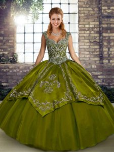 Captivating Straps Sleeveless Vestidos de Quinceanera Floor Length Beading and Embroidery Olive Green Tulle