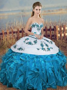 Blue And White Quinceanera Dresses Military Ball and Sweet 16 and Quinceanera with Embroidery and Ruffles and Bowknot Sweetheart Sleeveless Lace Up