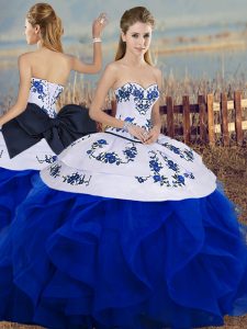 Royal Blue Ball Gowns Tulle Sweetheart Sleeveless Embroidery and Ruffles and Bowknot Floor Length Lace Up Quinceanera Dresses