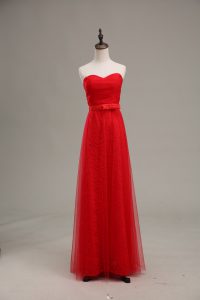 Popular Red Empire Ruching and Belt Dress for Prom Zipper Tulle Sleeveless Floor Length