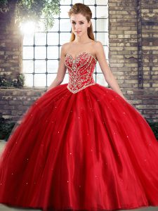 Edgy Red Tulle Lace Up Sweetheart Sleeveless Quinceanera Gowns Brush Train Beading