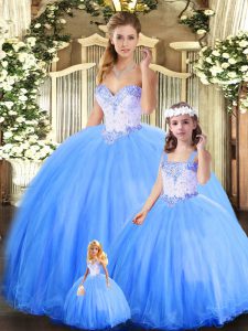 Hot Selling Tulle Sweetheart Sleeveless Lace Up Beading Quinceanera Dresses in Blue