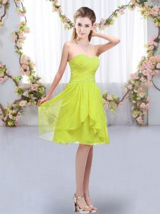Luxury Yellow Green Empire Sweetheart Sleeveless Chiffon Knee Length Lace Up Ruffles and Ruching Quinceanera Dama Dress