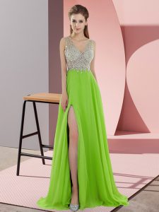 Delicate Sleeveless Chiffon Sweep Train Zipper Prom Gown in with Beading