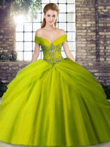 Elegant Sleeveless Beading and Pick Ups Lace Up Vestidos de Quinceanera with Olive Green Brush Train