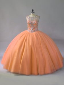 Orange Ball Gowns Scoop Sleeveless Tulle Floor Length Lace Up Beading 15th Birthday Dress