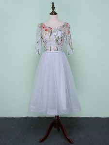 Simple Scoop Half Sleeves Tulle Dama Dress for Quinceanera Embroidery Lace Up