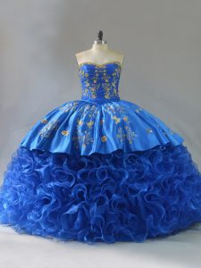 Exceptional Fabric With Rolling Flowers Sweetheart Sleeveless Lace Up Embroidery and Ruffles Quinceanera Gowns in Royal Blue