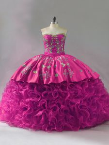 Trendy Fuchsia Sleeveless Fabric With Rolling Flowers Lace Up Ball Gown Prom Dress for Sweet 16 and Quinceanera