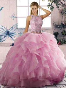 Chic Pink Tulle Zipper Scoop Sleeveless Floor Length Sweet 16 Dresses Beading and Ruffles