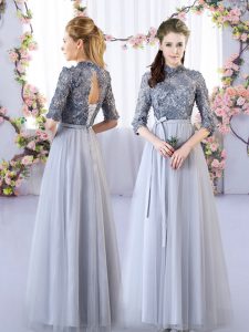 Deluxe High-neck Half Sleeves Lace Up Quinceanera Court of Honor Dress Grey Tulle