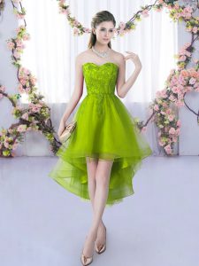 Olive Green Tulle Lace Up Sweetheart Sleeveless High Low Quinceanera Dama Dress Lace