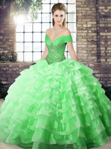 Colorful Green Organza Lace Up Quinceanera Dress Sleeveless Brush Train Beading and Ruffled Layers