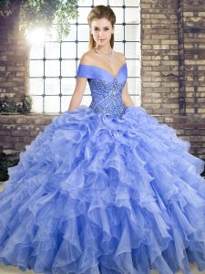 Dynamic Off The Shoulder Sleeveless Brush Train Lace Up Quinceanera Dresses Lavender Organza