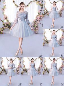 Free and Easy Lace and Belt Quinceanera Court of Honor Dress Grey Lace Up 3 4 Length Sleeve Knee Length