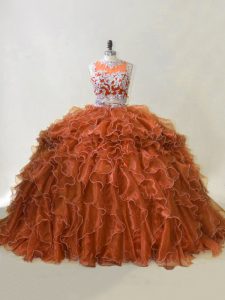 Brown Zipper Scoop Beading and Ruffles Ball Gown Prom Dress Organza Sleeveless Brush Train