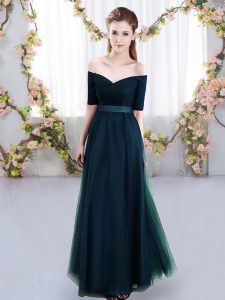 Cute Navy Blue Empire Tulle Off The Shoulder Short Sleeves Ruching Floor Length Lace Up Quinceanera Dama Dress