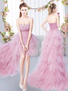 Stylish Sweetheart Sleeveless Damas Dress High Low Beading and Ruffles Pink Tulle