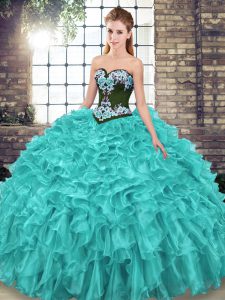 Lace Up Sweet 16 Dress Turquoise for Military Ball and Sweet 16 and Quinceanera with Embroidery and Ruffles Sweep Train