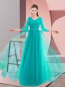 Sexy V-neck Long Sleeves Prom Gown Floor Length Beading Turquoise Tulle