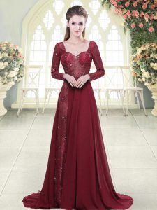 Dynamic Burgundy Prom Gown Prom and Party and Military Ball with Beading and Appliques Sweetheart Long Sleeves Brush Train Zipper