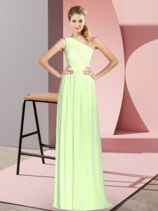 Popular Sleeveless Chiffon Floor Length Lace Up in Yellow Green with Ruching