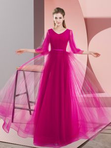 Long Sleeves Floor Length Beading Zipper Prom Evening Gown with Pink and Fuchsia