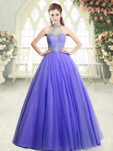 Lavender Dress for Prom Prom and Party with Beading Halter Top Sleeveless Zipper