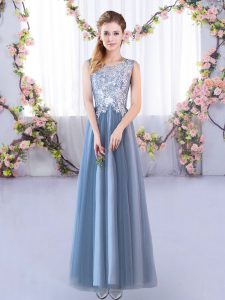 Blue A-line Lace Vestidos de Damas Lace Up Tulle Sleeveless Floor Length