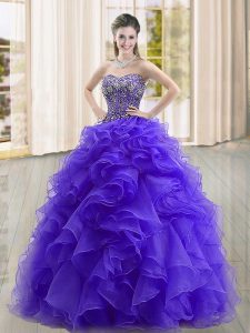 Captivating Purple Ball Gowns Organza Sweetheart Sleeveless Beading and Ruffles Floor Length Lace Up Sweet 16 Dresses