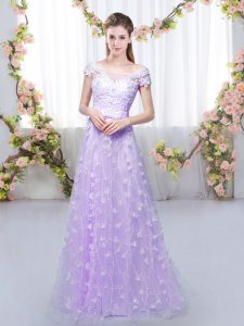 Tulle Off The Shoulder Cap Sleeves Lace Up Appliques Court Dresses for Sweet 16 in Lavender