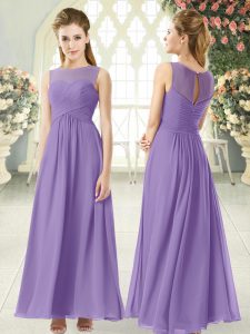 Sophisticated Sleeveless Ankle Length Ruching Zipper Prom Gown with Lavender